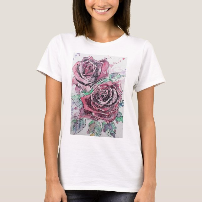 Rote Rose Aquarellfarben Tinte Malerei Art T Shirt (Vorderseite)