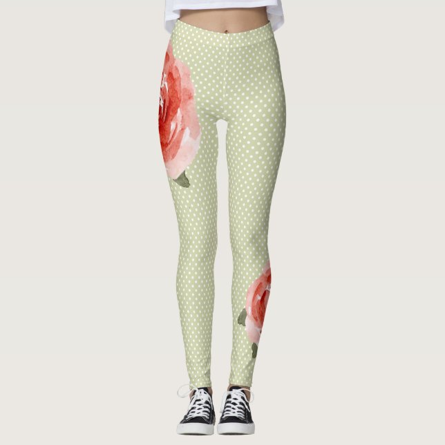 Rote Rose auf Leggings mit weißen und Limonen Punk (Vorderseite)