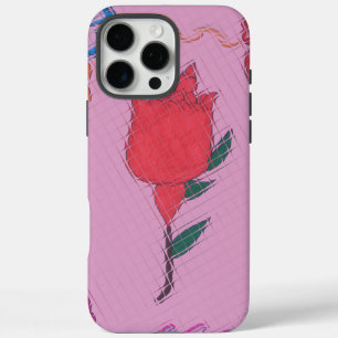 Rote Rose auf Rosa: Blumengrafik am Border Art Pri iPhone 16 Pro Max Hülle