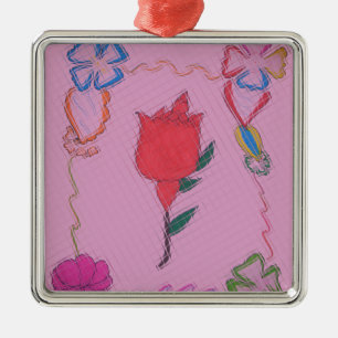 Rote Rose auf Rosa: Blumengrafik am Border Art Pri Ornament Aus Metall