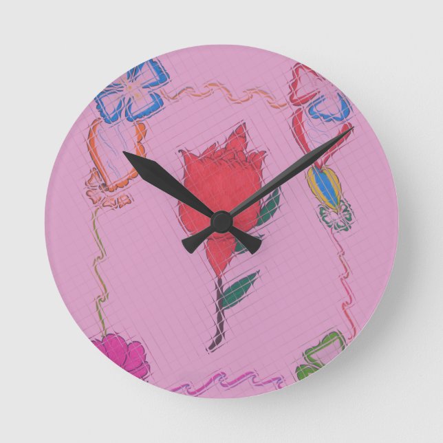 Rote Rose auf Rosa: Blumengrafik am Border Art Pri Runde Wanduhr (Vorderseite)