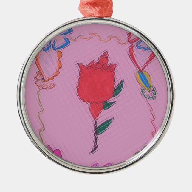 Rote Rose auf Rosa: Blumengrafik am Border Art Pri Silbernes Ornament (Vorne)
