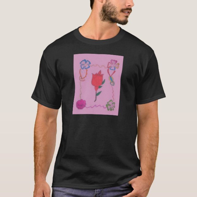 Rote Rose auf Rosa: Blumengrafik am Border Art Pri T-Shirt (Vorderseite)