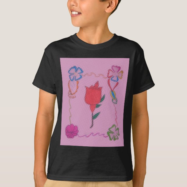 Rote Rose auf Rosa: Blumengrafik am Border Art Pri T-Shirt (Vorderseite)