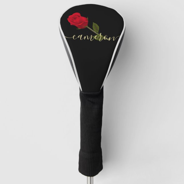 Rote Rose auf Schwarz und Gold monogramiert Golf Headcover (Vorderseite)