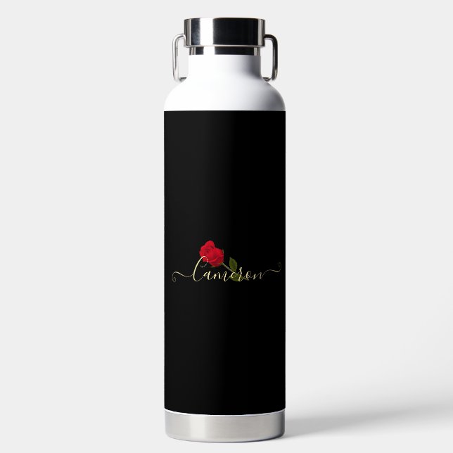 Rote Rose auf schwarzem und goldenem Monogramm Trinkflasche (Vorderseite)