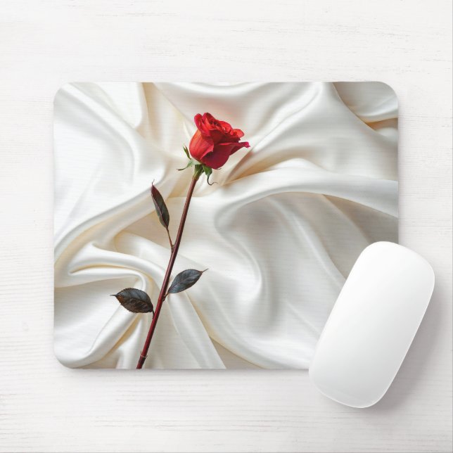 Rote Rose auf weißem Satin Mousepad (Mit Mouse)