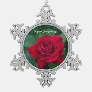 Rote Rose aus der Nähe Schneeflocken Zinn-Ornament