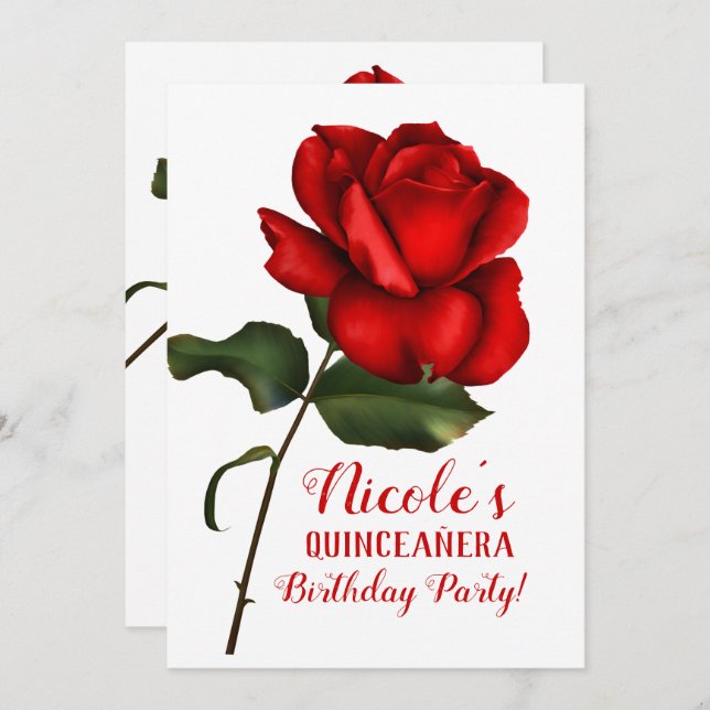 Rote Rose Beauty & Beast Quinceñera Party Einladung (Vorne/Hinten)