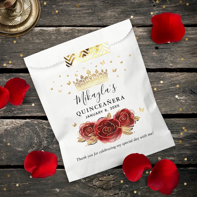 Rote Rose Black Gold Elegante Quinceanera Vielen D Geschenktütchen (Elegant red and gold personalized thank you favor bags for your guests!)