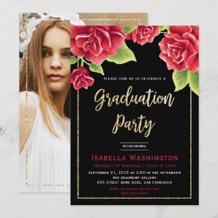 Rote Rose Black Gold Glitzer Foto Graduation Party Einladung