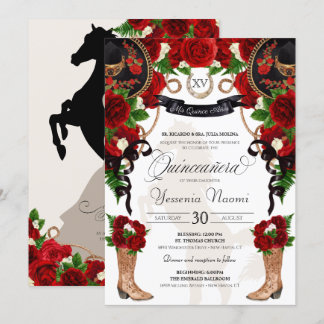 Rote Rose Black Mariachi Western Charro Quinceaner Einladung