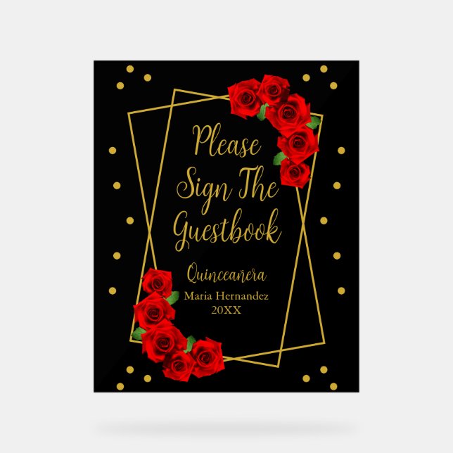 Rote Rose Black und Gold Quinceñera Acrylschild (Vorderseite)