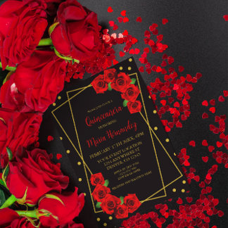 Rote Rose Black und Gold Quinceñera Einladung