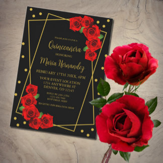 Rote Rose Black und Gold Quinceñera Einladung