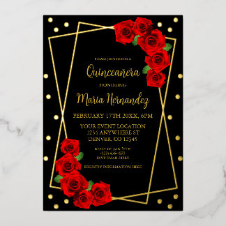Rote Rose Black und Gold Quinceñera Folieneinladung