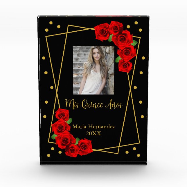 Rote Rose Black und Gold Quinceñera Fotoblock (Vorderseite)