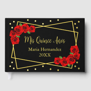 Rote Rose Black und Gold Quinceñera Gästebuch