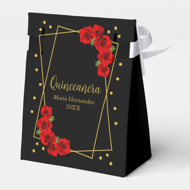Rote Rose Black und Gold Quinceñera Geschenkschachtel (Rückseite)