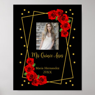 Rote Rose Black und Gold Quinceñera Poster