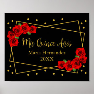 Rote Rose Black und Gold Quinceñera Poster
