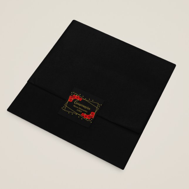 Rote Rose Black und Gold Quinceñera Quadratischer Aufkleber (Von Creator hochgeladen)