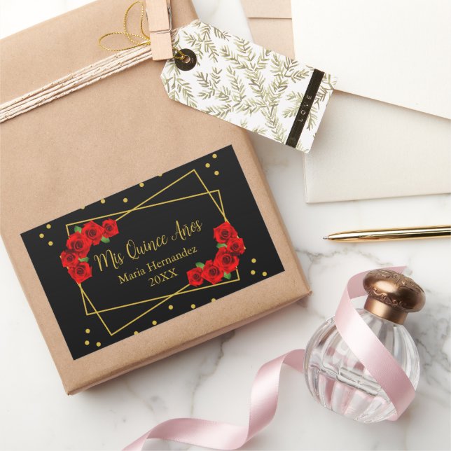 Rote Rose Black und Gold Quinceñera Rechteckiger Aufkleber (Schenken)