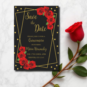 Rote Rose Black und Gold Quinceñera Save The Date