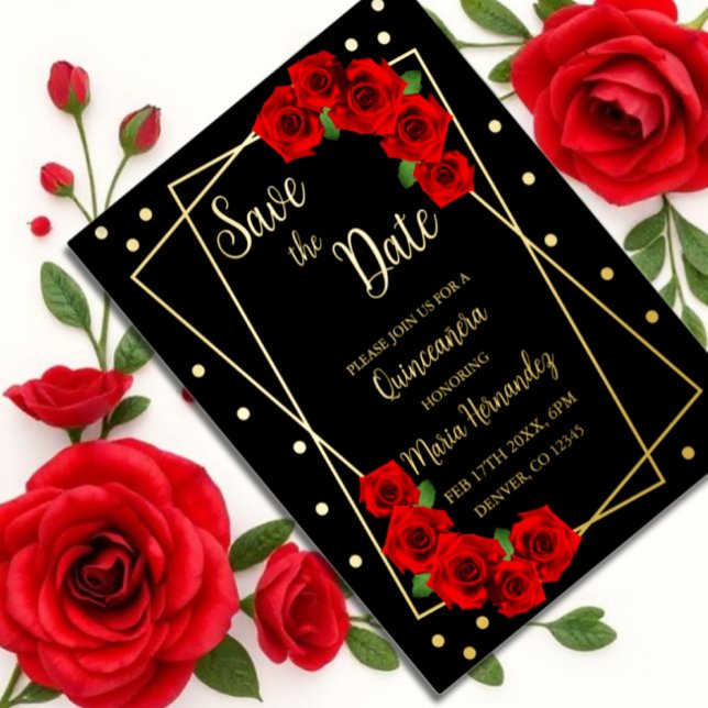 Rote Rose Black und Gold Quinceñera Save the Date Folie Einladungspostkarte (Von Creator hochgeladen)