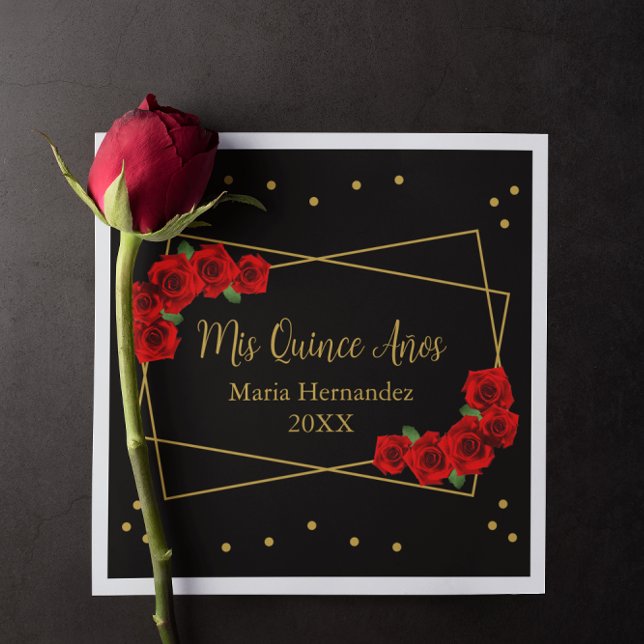 Rote Rose Black und Gold Quinceñera Serviette (Von Creator hochgeladen)
