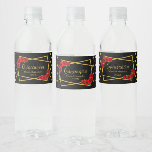 Rote Rose Black und Gold Quinceñera Wasserflaschenetikett