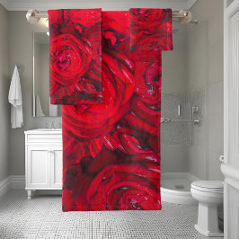 Rote Rose blüht mit Abtropfen - Fotografie Badhandtuch Set