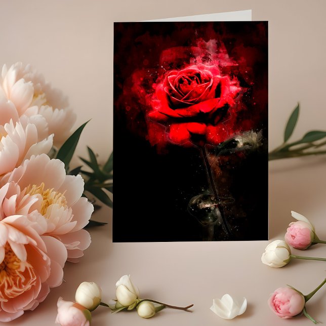Rote Rose Blume Aquarell - bb Dankeskarte (One Red Rose Watercolor on Black Background. Letterpress Thank You Card)