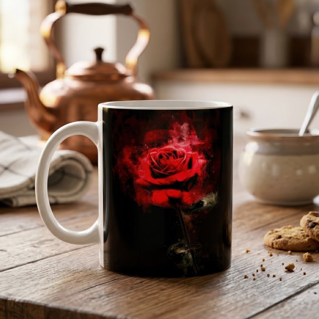 Rote Rose Blume Aquarell - bb Kaffeetasse (One Red Rose Watercolor on Black Background. Coffee Mug)