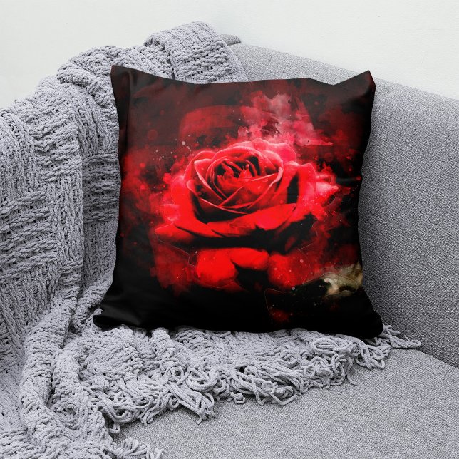 Rote Rose Blume Aquarell - bb Kissen (One Red Rose Watercolor on Black Background. Throw Pillow)