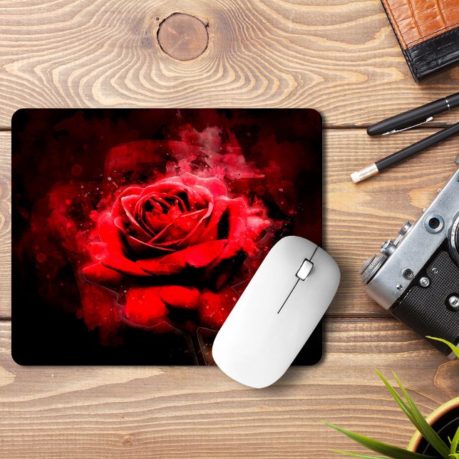 Rote Rose Blume Aquarell - bb Mousepad (One Red Rose Watercolor on Black Background. Mouse Pad)