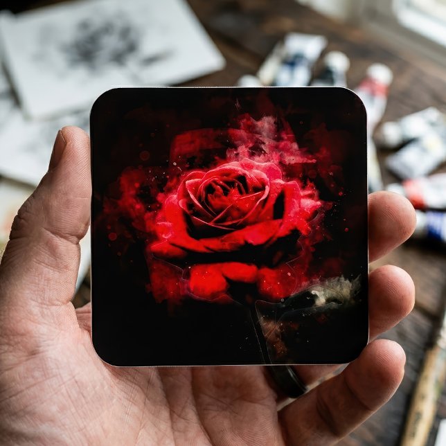 Rote Rose Blume Aquarell - bb Quadratischer Aufkleber (One Red Rose Watercolor on Black Background. Square Sticker)