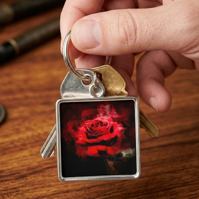 Rote Rose Blume Aquarell - bb Schlüsselanhänger (One Red Rose Watercolor on Black Background. Keychain)
