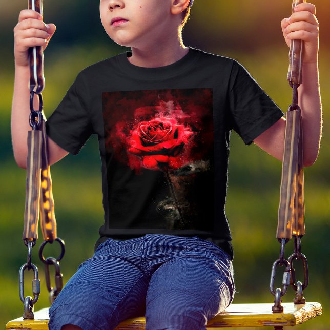 Rote Rose Blume Aquarell - bb T-Shirt (One Red Rose Watercolor on Black Background. Boy Basic Black T-Shirt)
