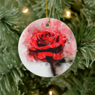 Rote Rose Blume Aquarell - wb Keramik Ornament