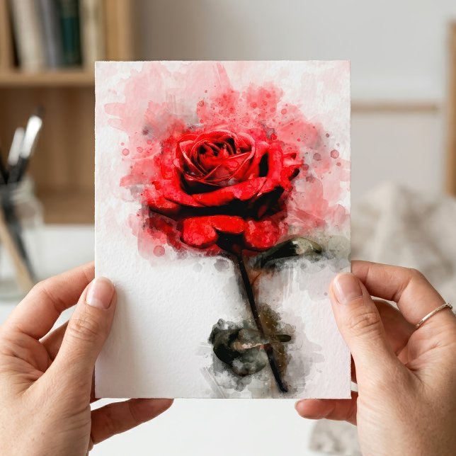 Rote Rose Blume Aquarell - wb Postkarte (Red Rose Watercolor Art on White Background. Postcard)