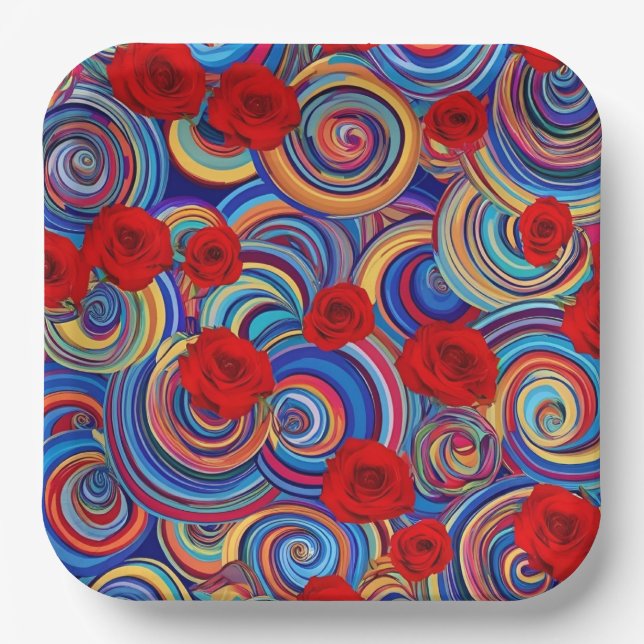 Rote Rose Blume auf Holzply Fach - Eleganter Boden Pappteller (Vorderseite)