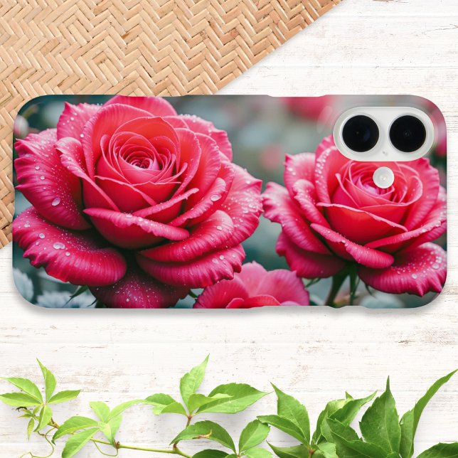 Rote Rose Blume Elegant Case-Mate iPhone Hülle (An elegant phone case with a design of red roses with rain drops)