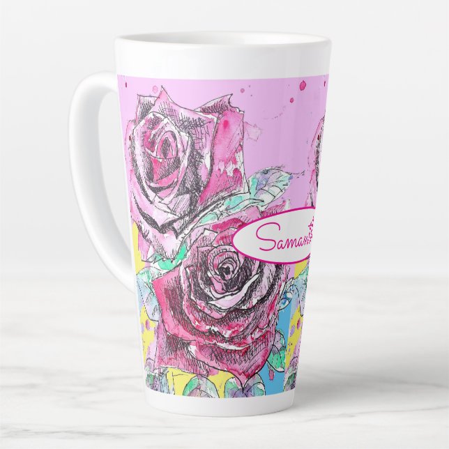 Rote Rose Blume Farbenfrohe rosa Kunst Milchtasse (Linke Ecke)