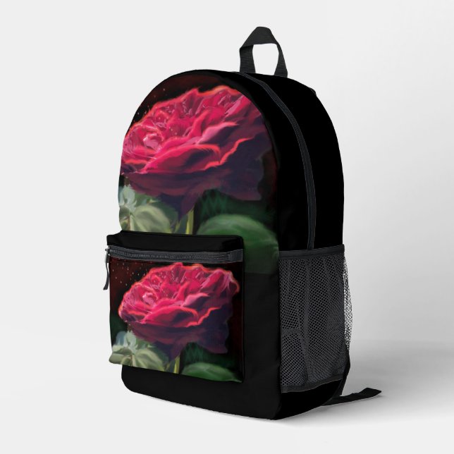 Rote Rose Blume Grüne Schwarze Kunst Blume Bedruckter Rucksack (Rückseitige Ecke Rechts)