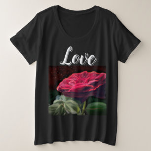 Rote Rose Blume Grüne Schwarze Kunst Blume Große Größe T-Shirt