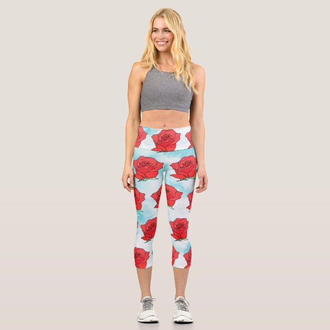 Rote Rose Blume Kunst Capri Leggings (Vorderseite)