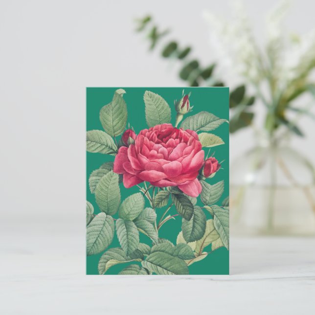 Rote Rose Blume mit grünen Blätter DANKE Postkarte (Stehend Vorderseite)