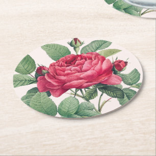 Rote Rose Blume mit grünen Blätter Runder Pappuntersetzer