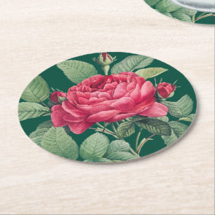 Rote Rose Blume mit grünen Blätter Runder Pappuntersetzer